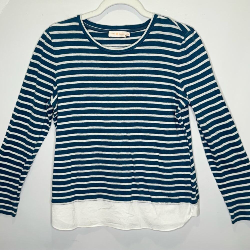 Tory Burch 100% Linen Stripe Minimalist Crew Neck Long‎ Sleeve Shirt Hem Medium